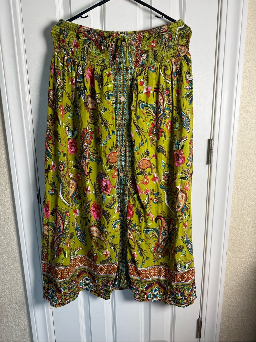 Paisley Print Olive Green Maxi Skirt with Button Front